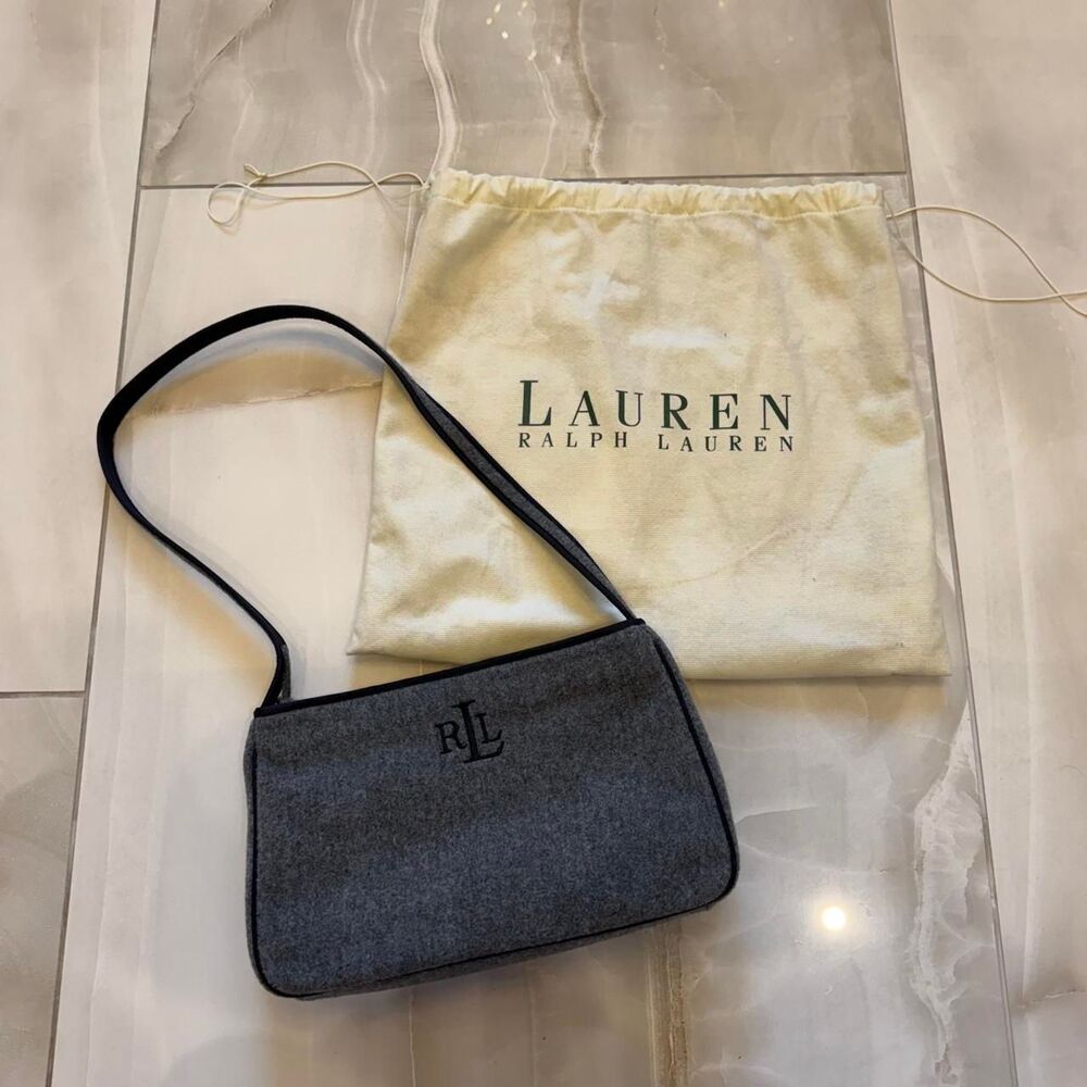 vintage lauren ralph lauren gray wool rll monogram baguette shoulder bag